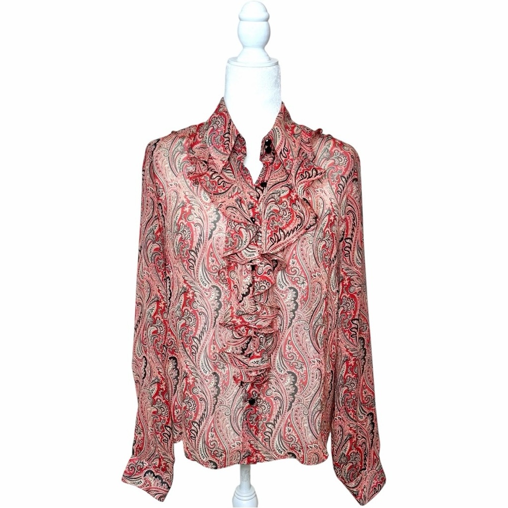 Vintage Y2K Sheer Silk Paisley Ruffle Blouse Fits Size 6 Button Up Red Black